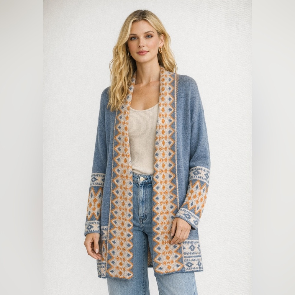 Blue & Yellow Open Cardigan L Quiet Luxury Coastal Cowgirl Scandi Girl